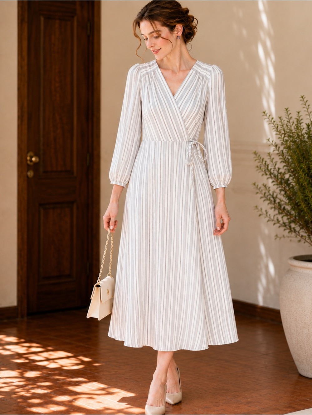 Calvin Klein Cream and White Striped Wrap Midi Dress